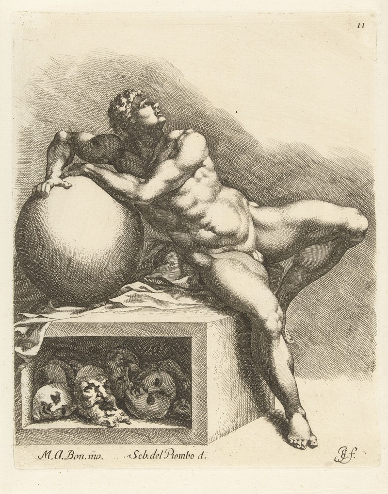 Jan de Bisschop - Nude man leaning on a ball