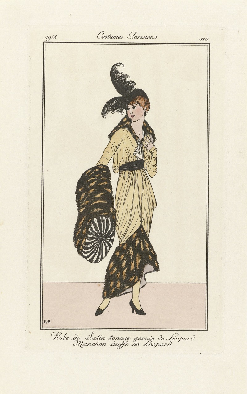 Jan van Brock - Journal des Dames et des Modes – Robe de Satin topaze garnie de Léopard Manchon aussi de Léopard