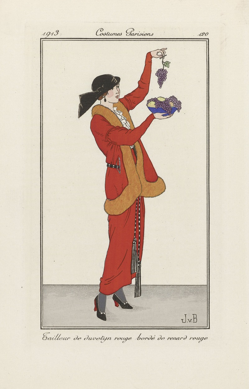 Jan van Brock - Journal des Dames et des Modes – Tailleur de duvetijn rouge bordé de renard rouge