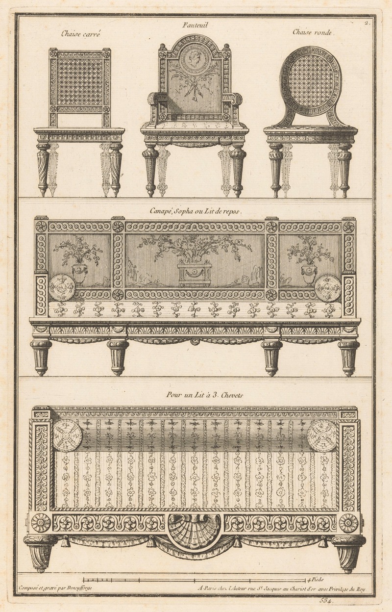 Jean François de Neufforge - Chaise carré, Fauteuil, Chaise ronde, Canapé, Sopha ou Lit de reps, Pour un Lit à 3 Chevets