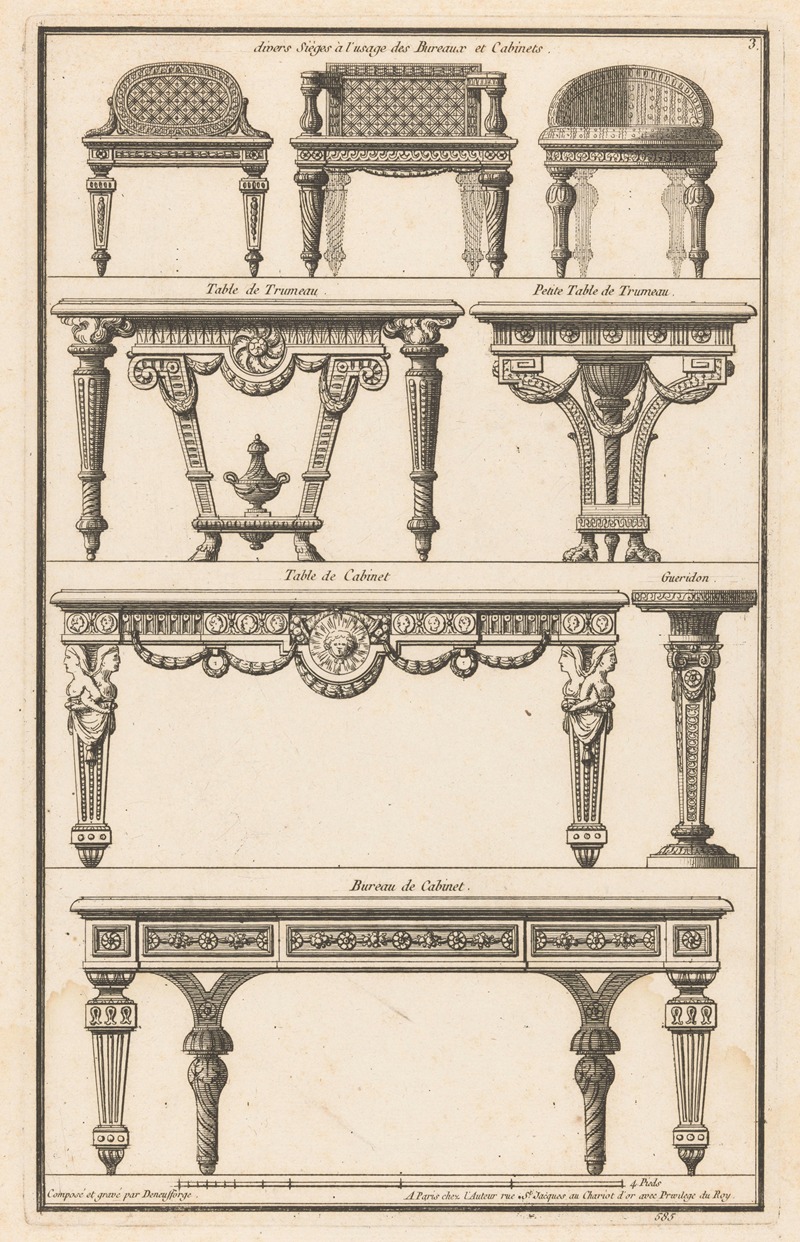 Jean François de Neufforge - divers Sièges à l’usage des Bureaux et Cabinets, Table de Trumeau, Petite Table de Trumeau, Table de Cabinet, Gueridon, Bureau de Cabinet