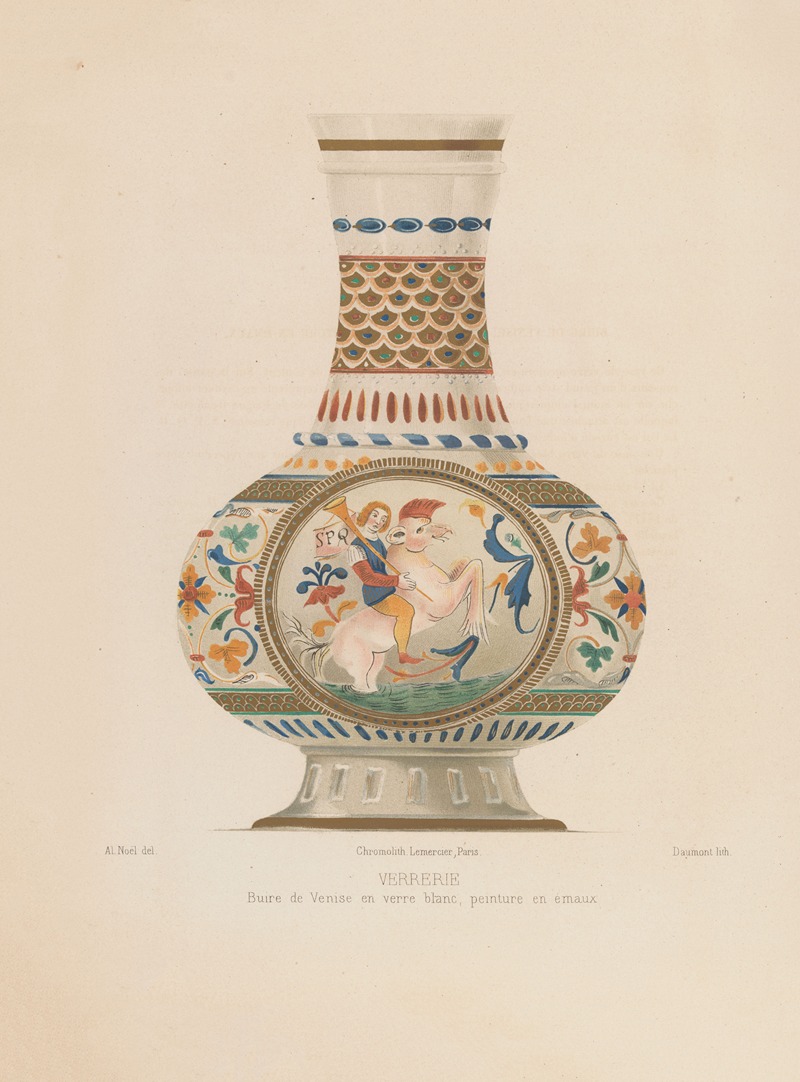 Joseph Rose Lemercier - Buire de Venise en verre blanc, peinture en émaux