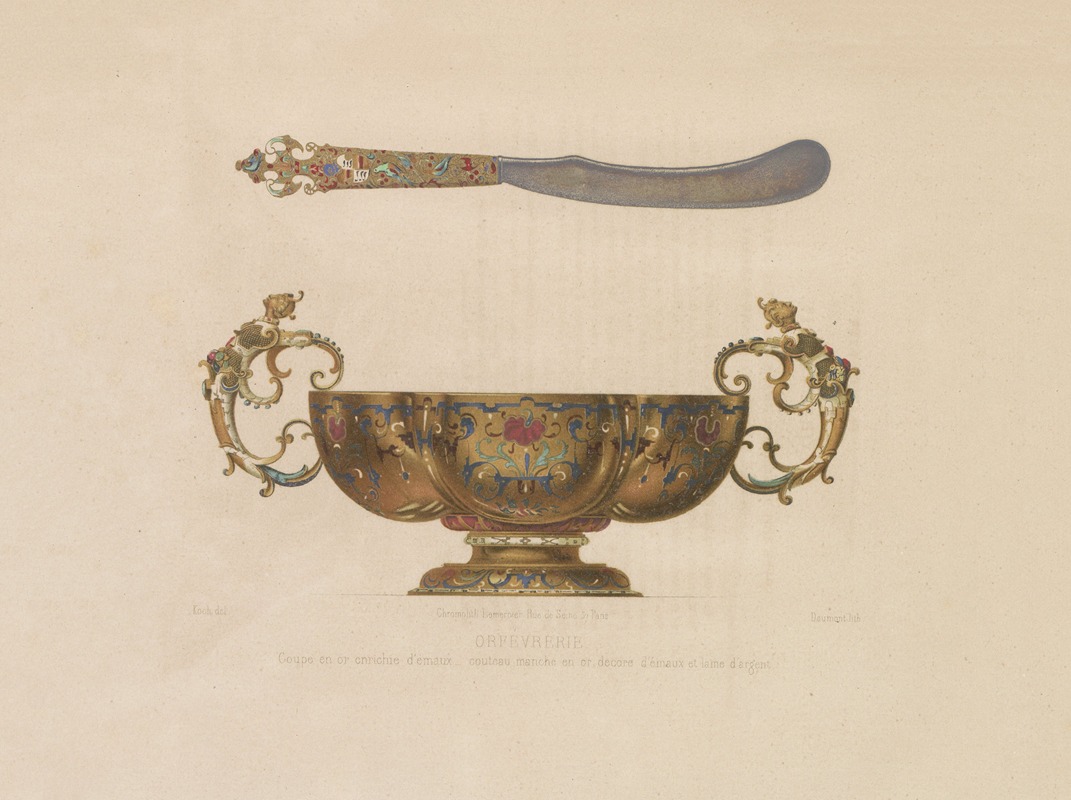 Joseph Rose Lemercier - Coupe en or enrichie d’emaux – couteau manche en or decoré d’emaux et lamé d’argent