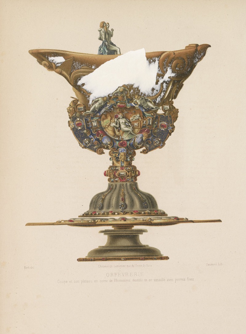 Joseph Rose Lemercier - Coupe et son plateau en corne de Rhinocéros montés en or emaillé avec pierres fines