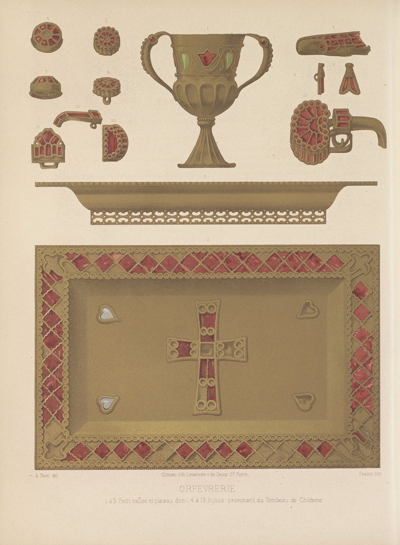 Joseph Rose Lemercier - Petit calice et plateau d’or;- 4 à 13 bijoux provonant du Tombeau de Childeric