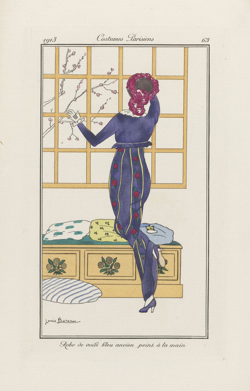 Louis Bureau - Journal des Dames et des Modes – Robe de voile bleu ancien peint à la main