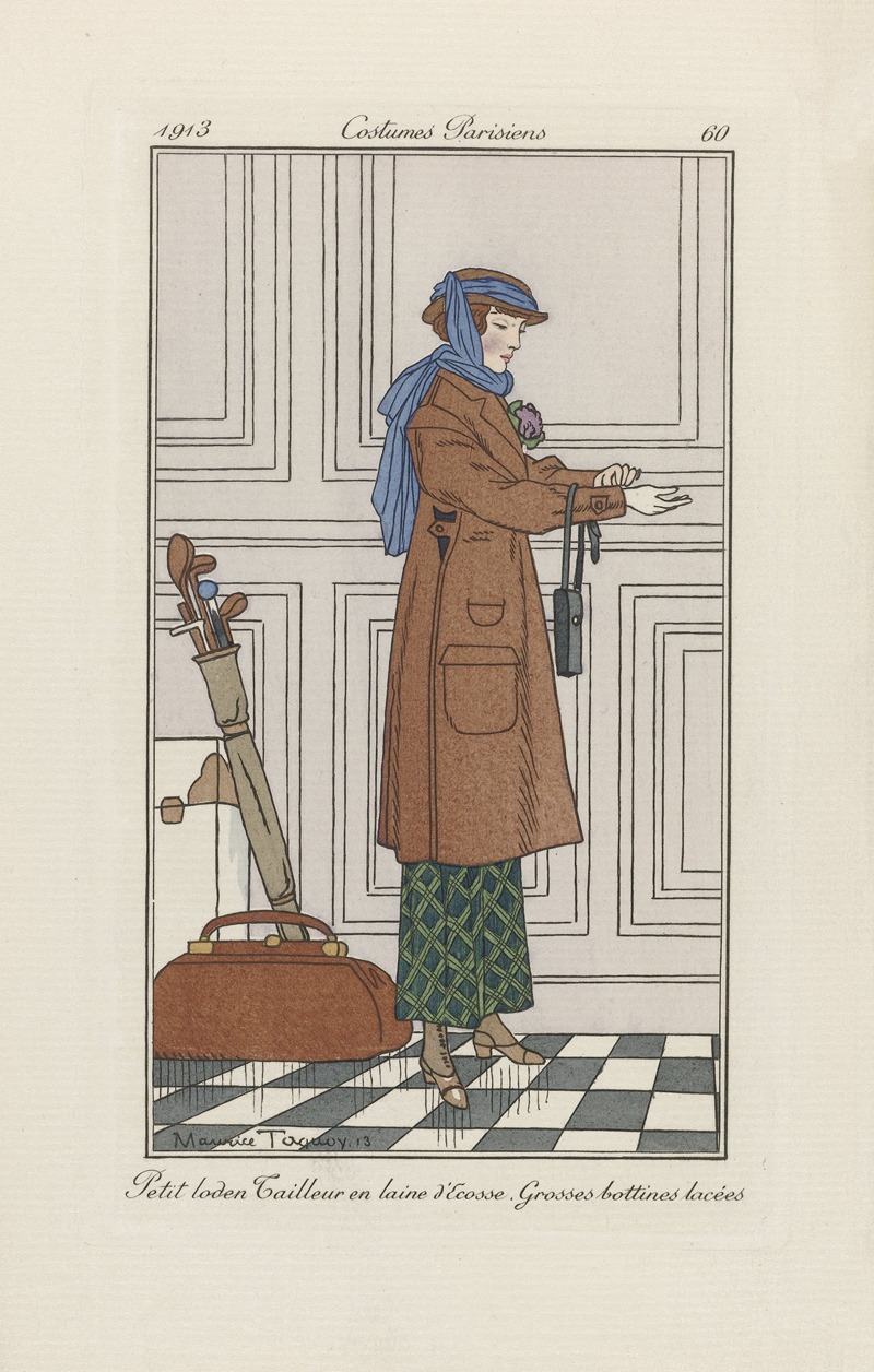 Maurice Taquoy - Journal des Dames et des Modes – Petit loden Tailleur en laine d’Ecosse. Grosses bottines lacées