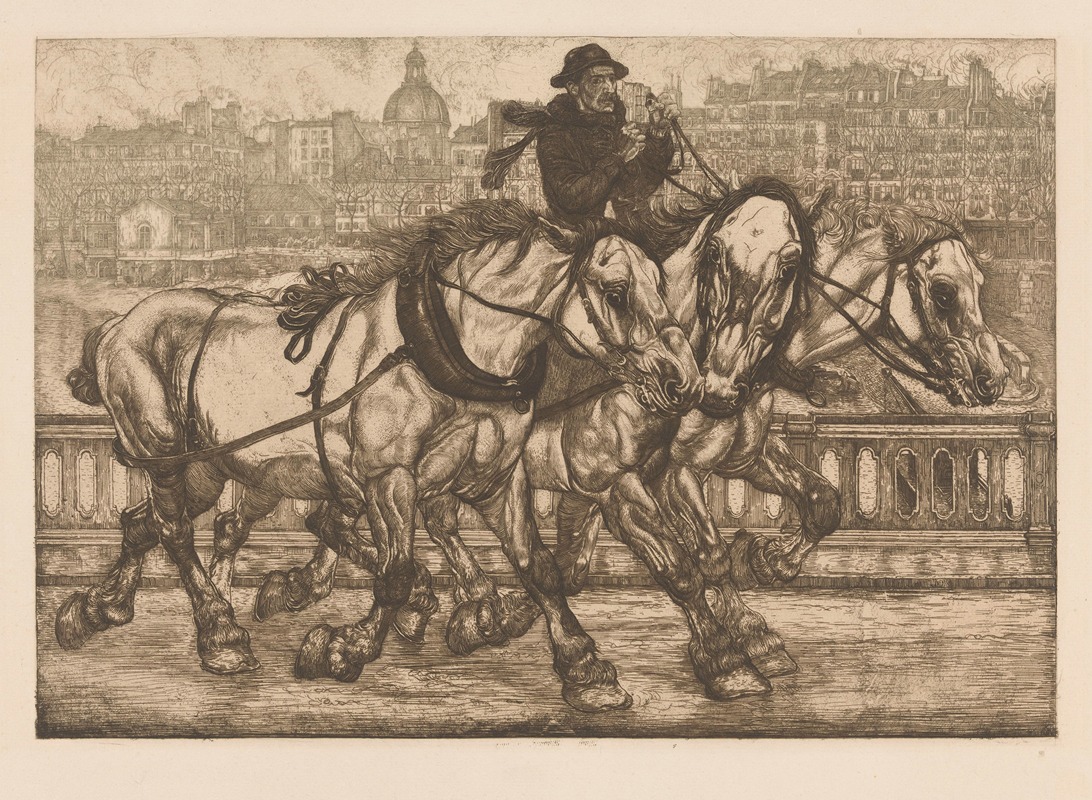 Pieter Dupont - Drie paarden op de Pont de Sully in Parijs