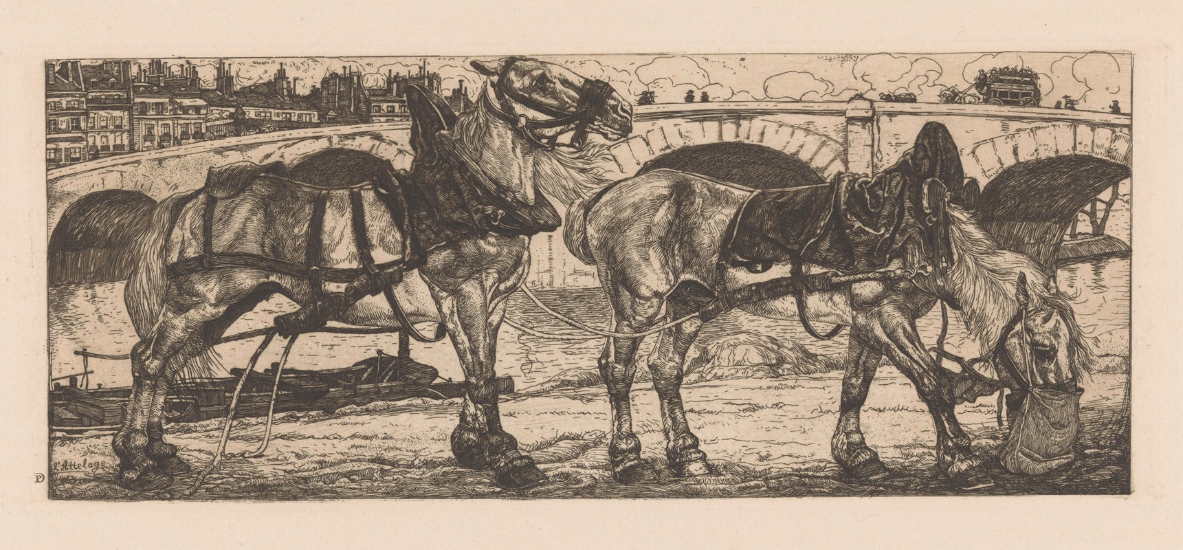Pieter Dupont - Twee trekpaarden bij de Seine in Parijs