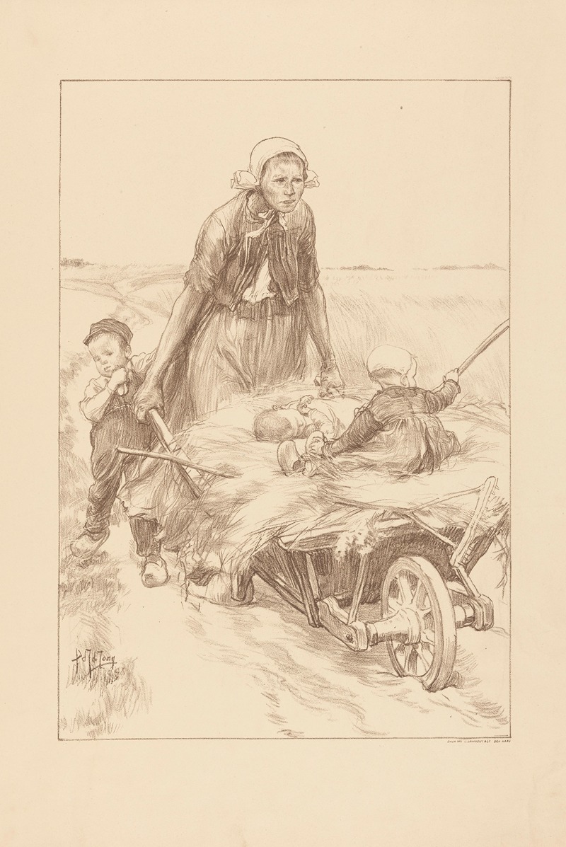 Pieter Josselin de Jong - Boerin die een kruiwagen met hooi en twee kinderen duwt