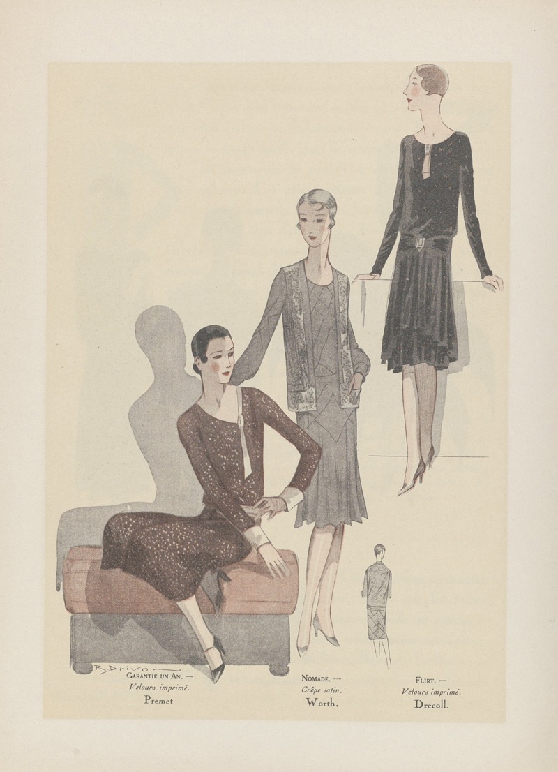 R. Drivon - Art – Goût – Beauté – GARANTIE UN AN. – Velours imprimé. Premet ; NOMADE. – Crêpe satin. Worth. ; FLIRT. – Velours imprimé. Drecol