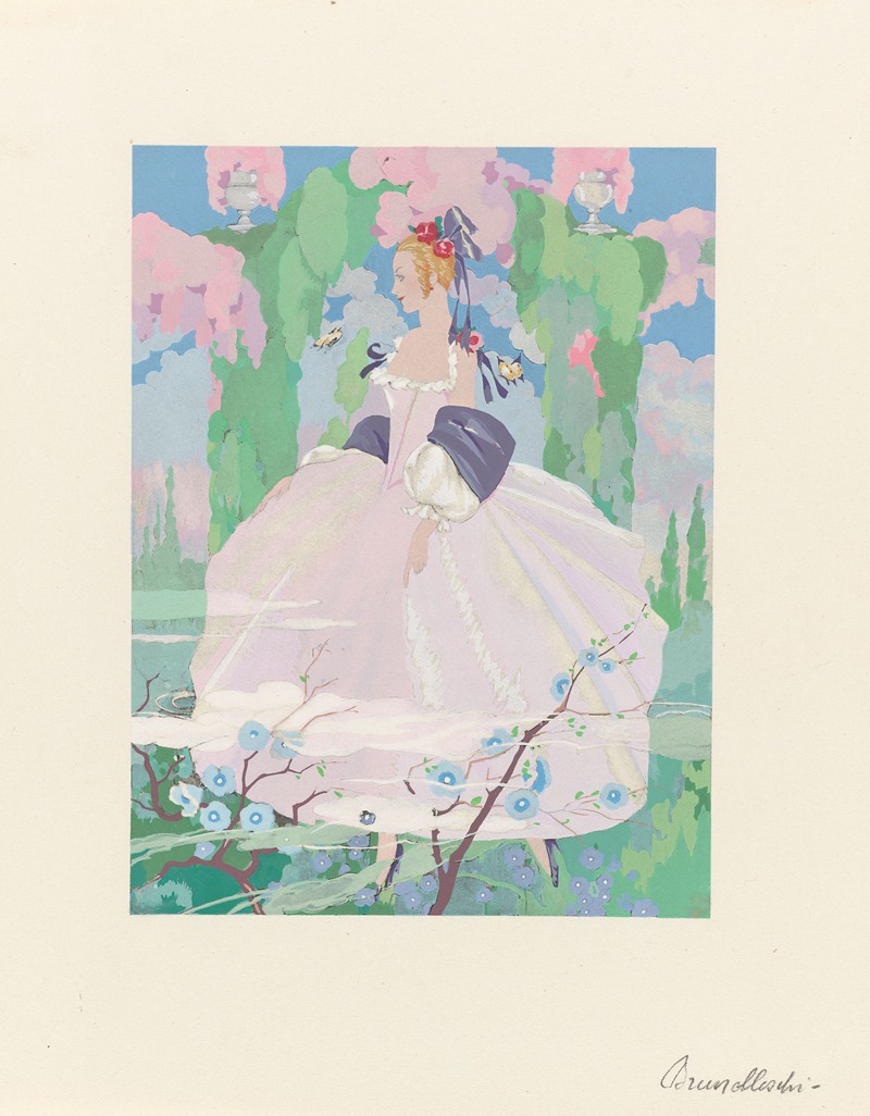Umberto Brunelleschi - La Guirlande – Woman in pink dress in garden