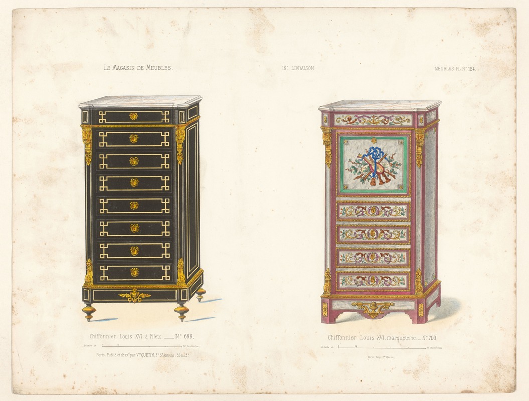 Victor Léon Michel Quétin - Chiffonnier Louis XVI à Filets ; Chiffonnier Louis XVI, marqueterie