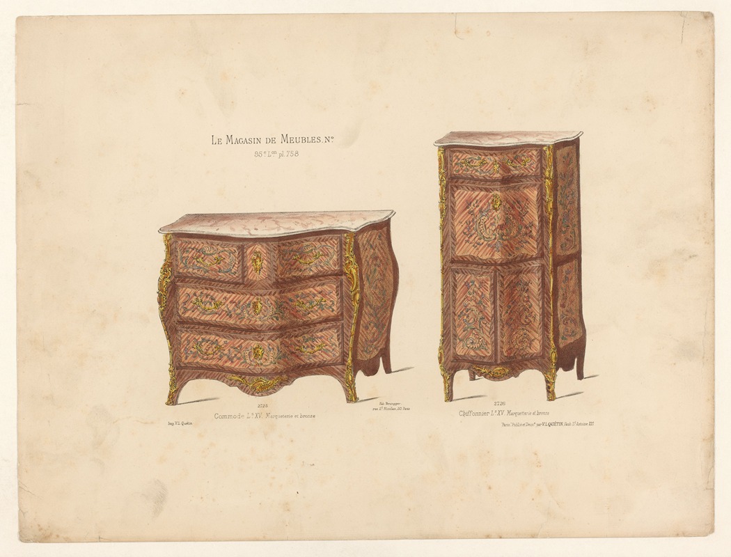 Victor Léon Michel Quétin - Commode Ls XV. Marqueterie et bronze ; Chiffonnier Ls XV. Marquetterie et bronze