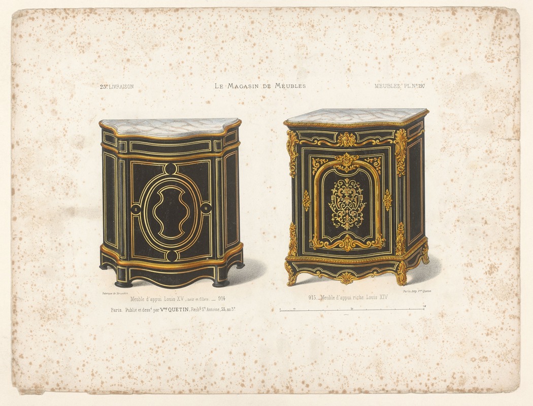 Victor Léon Michel Quétin - Meuble d’appui Louis XV, noir et filets ; Meuble d’appui riche Louis XIV