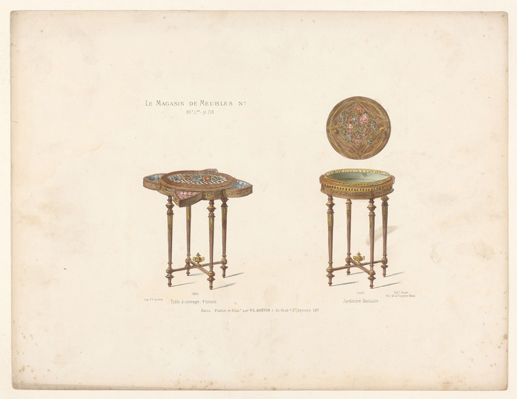 Victor Léon Michel Quétin - Table à ouvrage, 4 tiroirs ; Jardinière fantaisie
