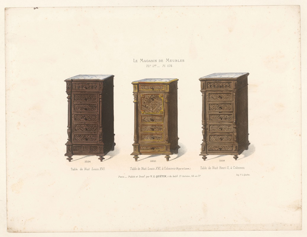 Victor Léon Michel Quétin - Table de Nuit Louis XVI ; Table de Nuit Louis XVI, à Colonnes (Noyer et Cuivre) ; Table de Nuit Henri II, à Colonnes