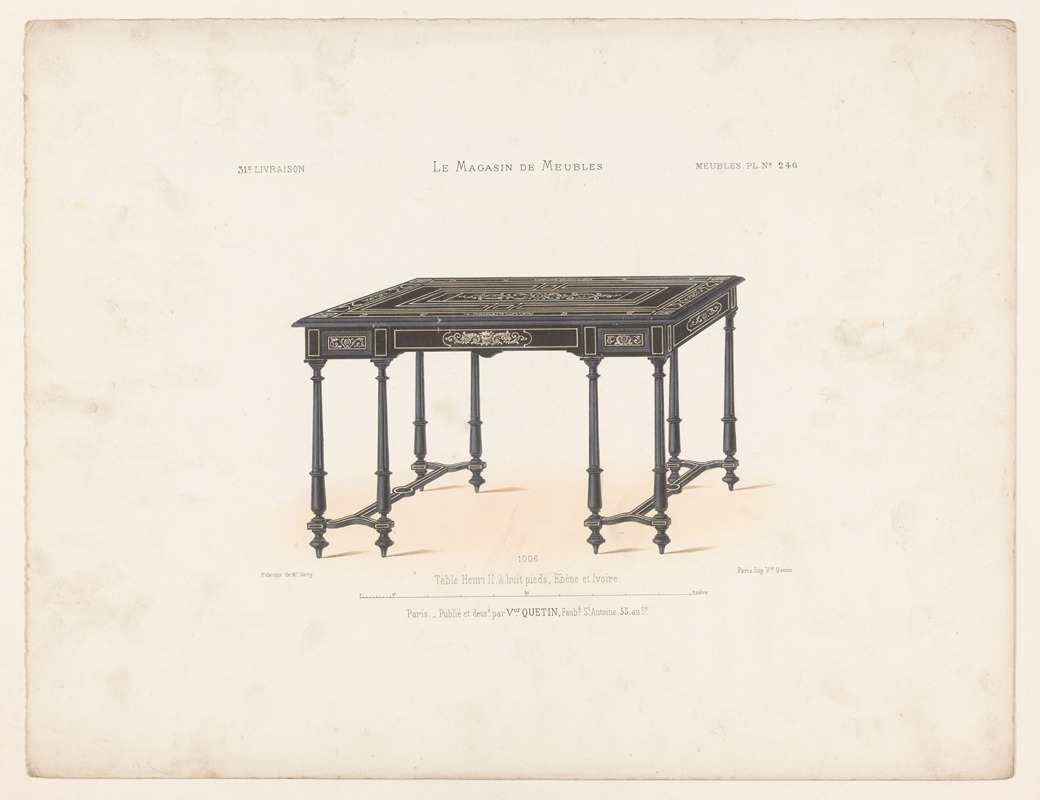 Victor Léon Michel Quétin - Table Henri II, à huit pieds, Ebène et Ivoir