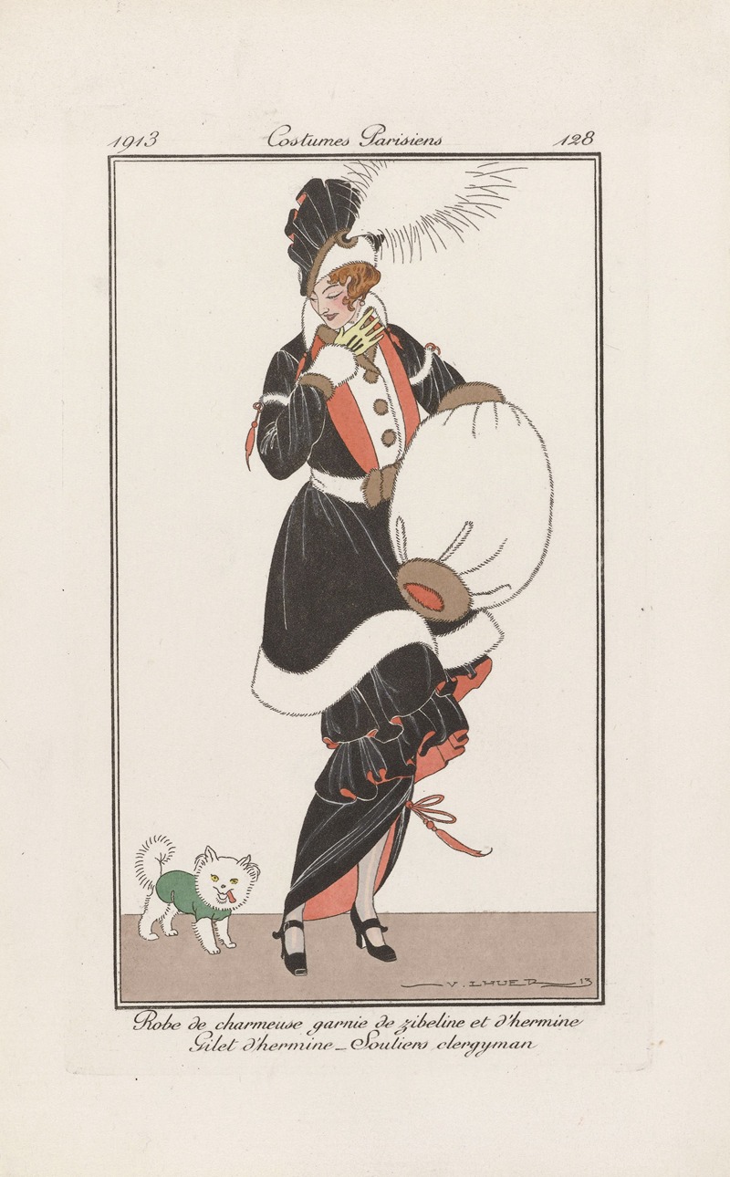 Victor Lhuer - Journal des Dames et des Modes – Robe de charmeuse garnie de zibeline et d’hermine. Gilet d’hermine