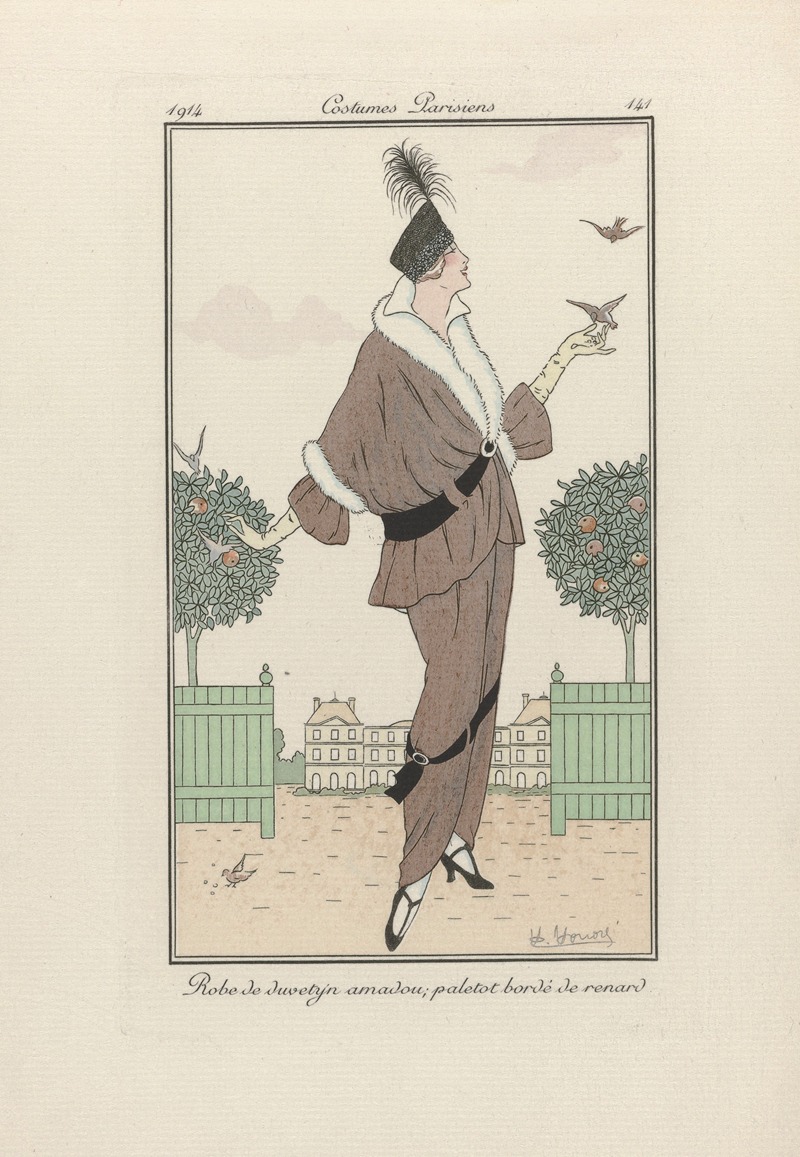 Victor Lhuer - Journal des Dames et des Modes – Robe de duvetyn amadou; paletot bordé de renard