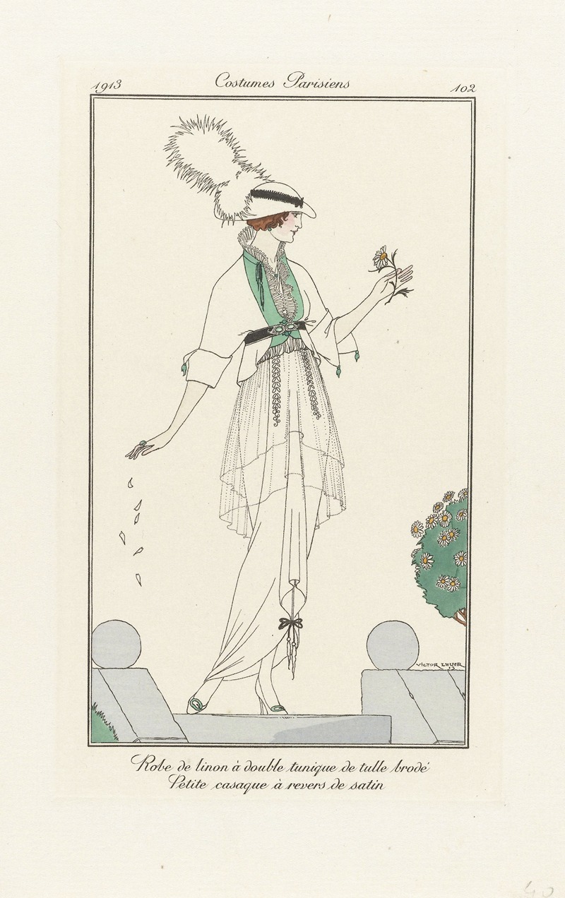Victor Lhuer - Journal des Dames et des Modes – Robe de linon à double tunique de tulle brodé Petite casaque à revers de satin