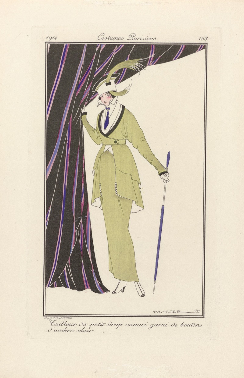 Victor Lhuer - Journal des Dames et des Modes – Tailleur de petit drap canari garni de boutons d’ambre clair