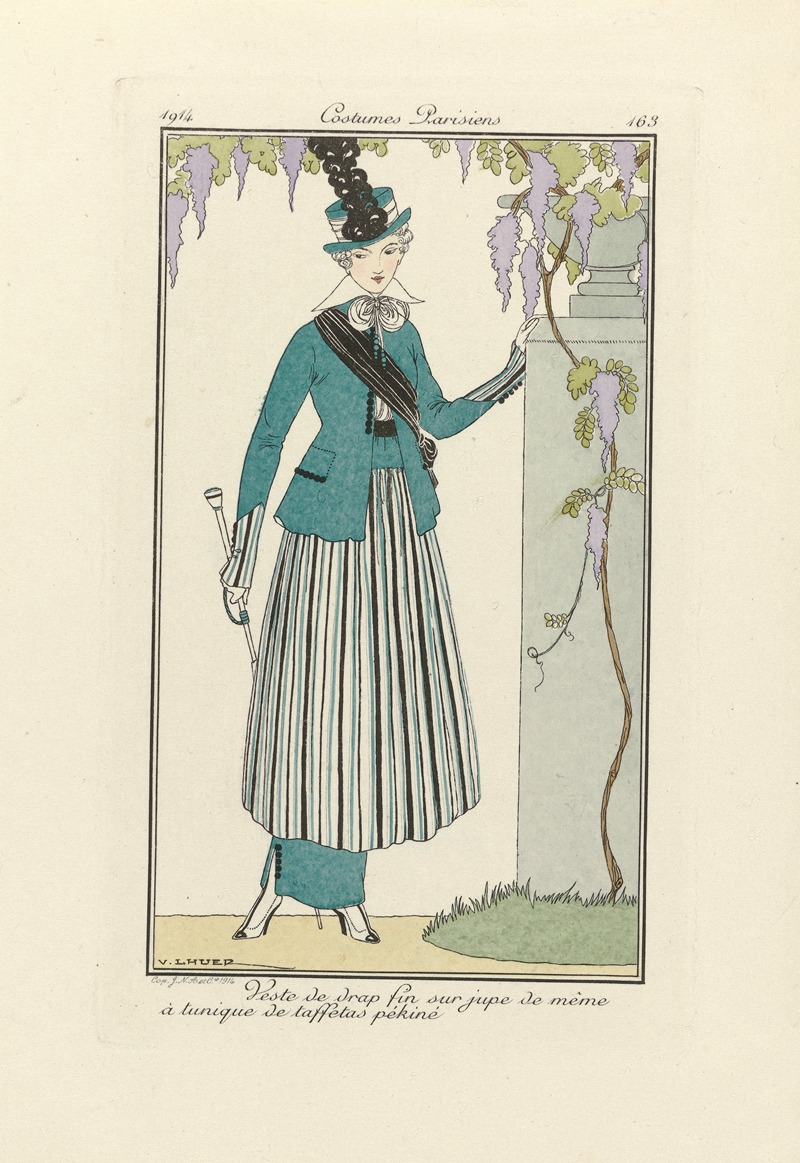 Victor Lhuer - Journal des Dames et des Modes – Veste de drap fin sur jupe de même à tunique de taffetas pékiné