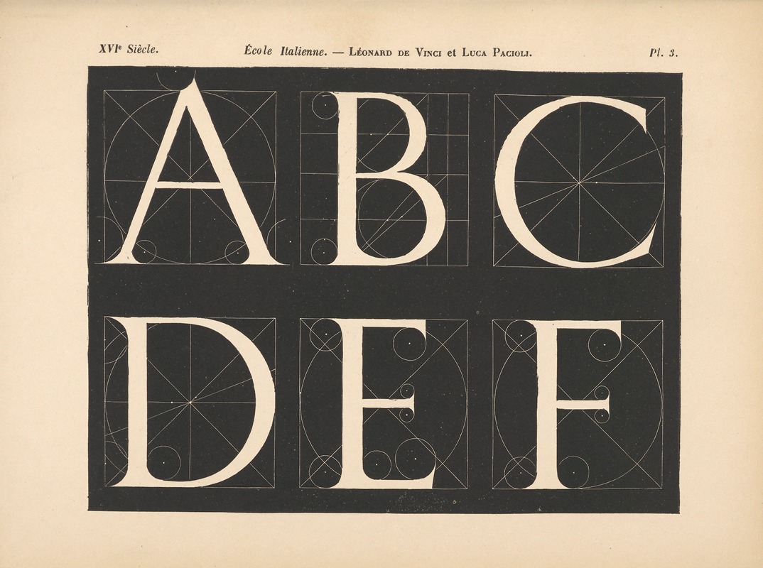 Alfred Prunaire - École‎ ‎Italienne – Léonard‎ ‎de‎ ‎Vinci et ‎Luca‎ ‎Pacioli – Alphabet‎ ‎attique,‎ ‎avec‎ ‎construction‎ ‎géométrique‎