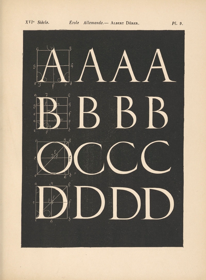 Alfred Prunaire - École‎ ‎Allemande – Albert‎ ‎Dürer – Triple‎ ‎alphabet‎ ‎attique,‎ ‎avec‎ ‎construction‎ ‎géométrique
