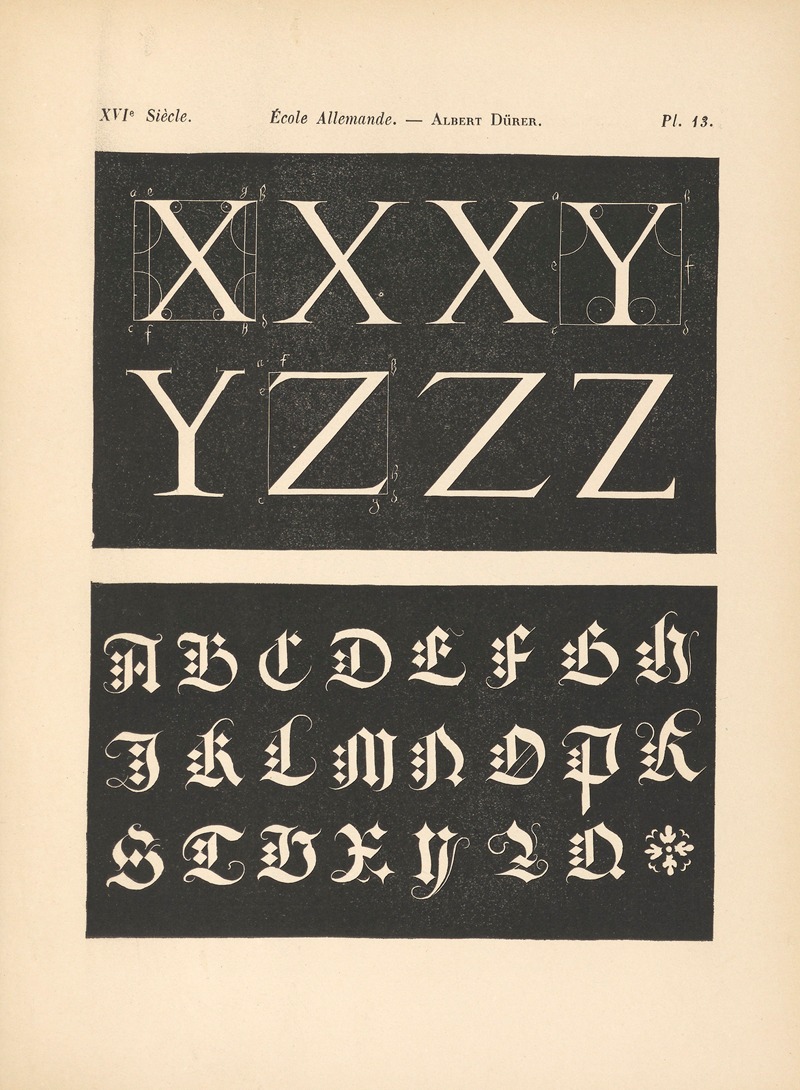 Alfred Prunaire - École‎ ‎Allemande – Albert‎ ‎Dürer – Triple‎ ‎alphabet‎ ‎attique,‎ ‎avec‎ ‎construction‎ ‎géométrique