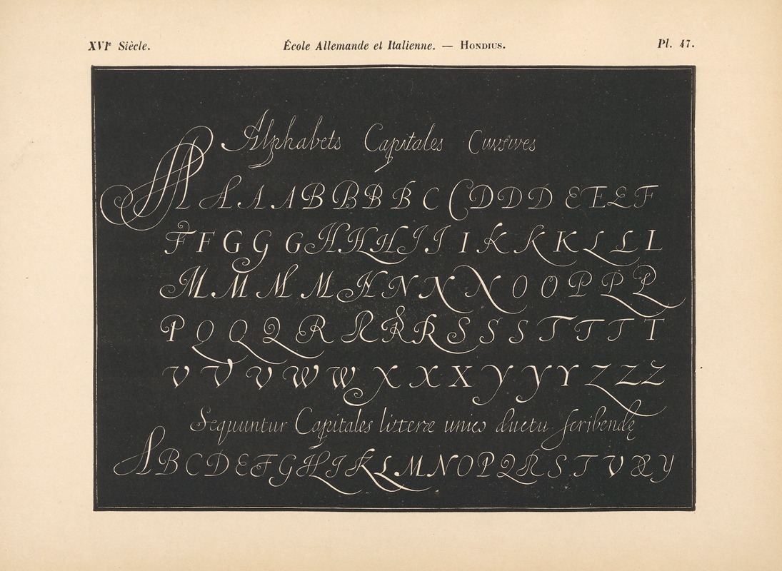 Alfred Prunaire - Écoles‎ ‎Allemande‎ et‎ ‎Italienne – Hondius – Alphabet‎ ‎de‎ ‎trois‎ ‎sortes‎ ‎de‎ ‎lettres‎ ‎capitales‎ ‎cursives