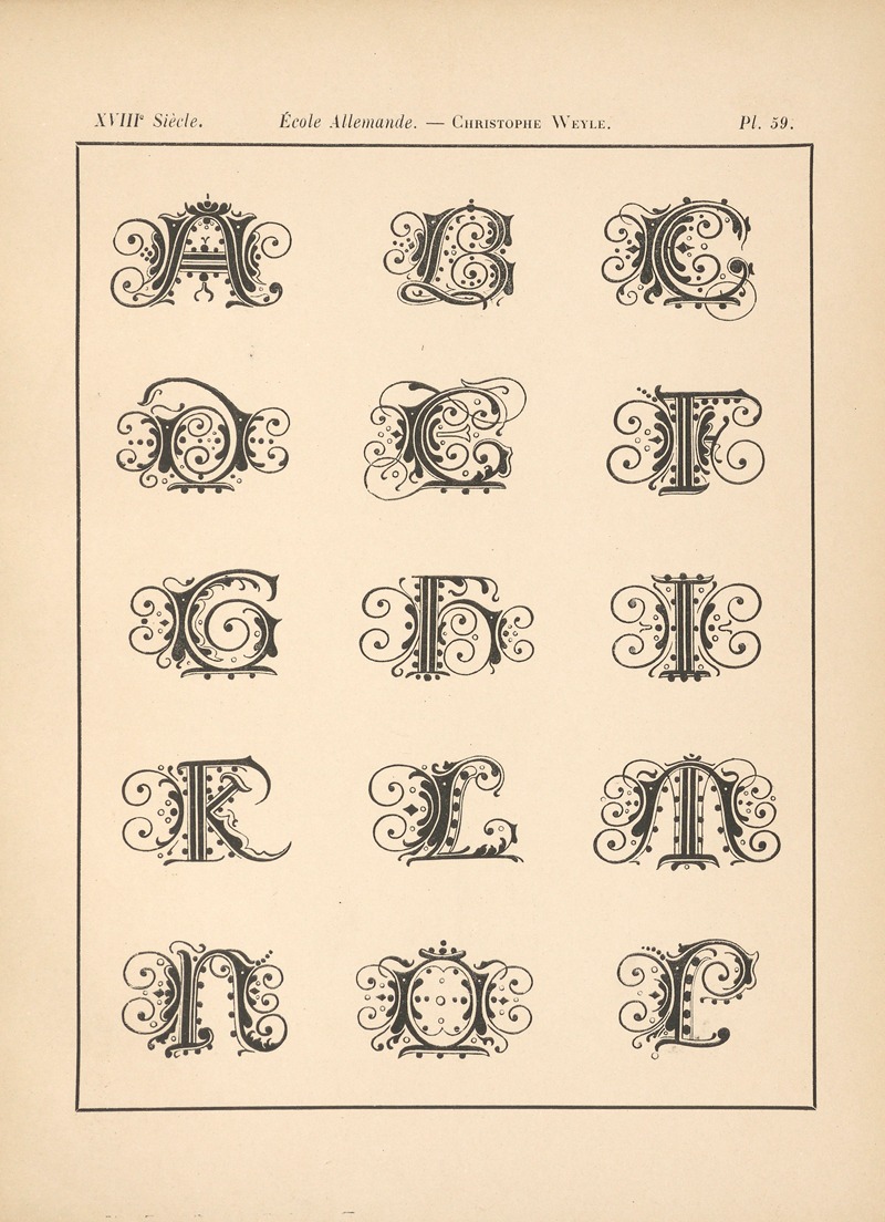 Alfred Prunaire - Ecole‎ ‎Allemande – Christophe‎ ‎Weyle – Alphabet (Roman‎ ‎antique‎ ‎initiales)