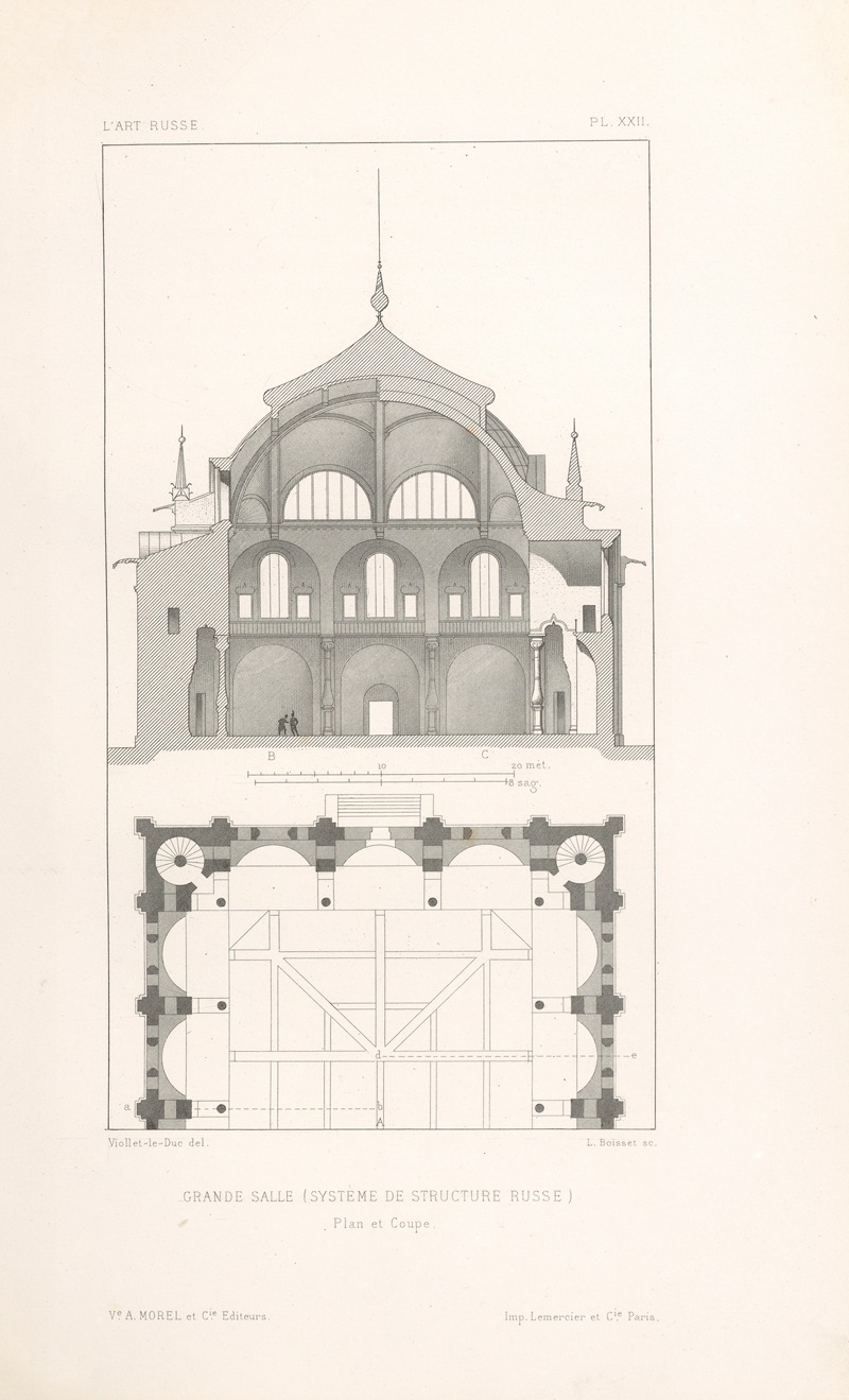Eugène-Emmanuel Viollet-le-Duc - Grande salle (système de structure russe). — Plan et coupe