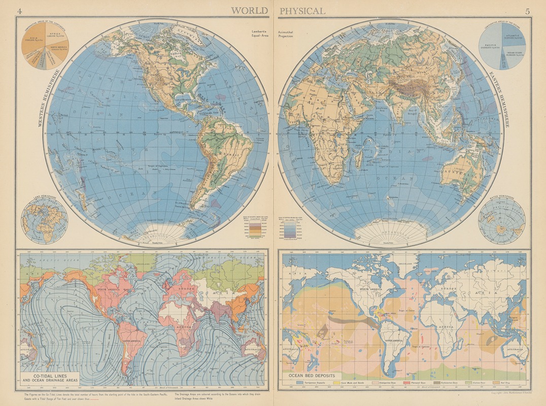 John George Bartholomew - World, Physical Co-Tidal Lines And Ocean Drainage Areas
