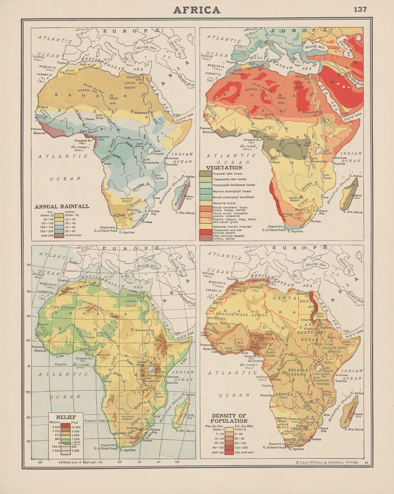 John Paul Goode - Africa; Annual Rainfall, Vegetation, Land Relief, Density of Population