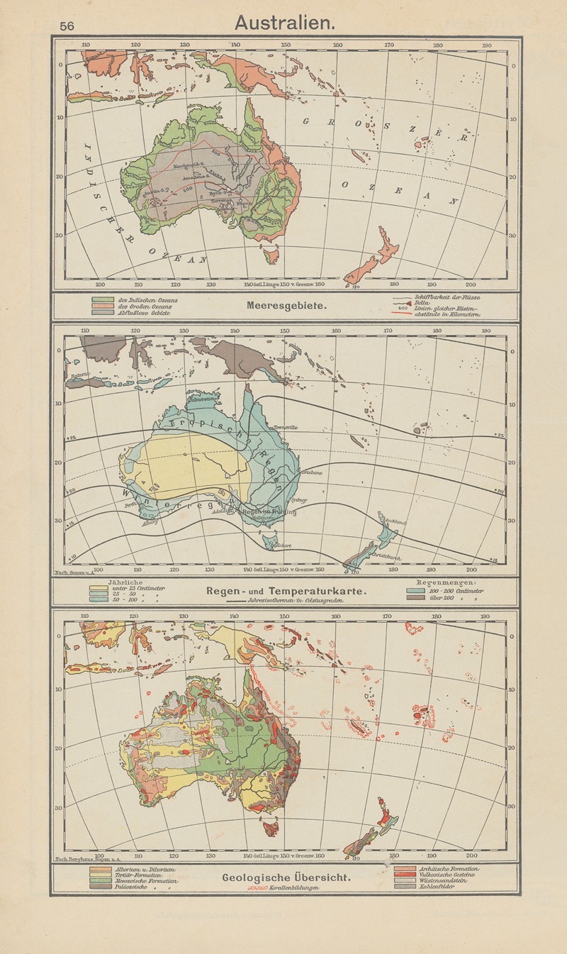 Carl Diercke - Australien‎; Meeresgebiete.‎ ‎—‎ ‎Regen-‎ ‎und‎ ‎Temperaturkarte.‎ ‎—‎ ‎Geologische‎ ‎Übersicht