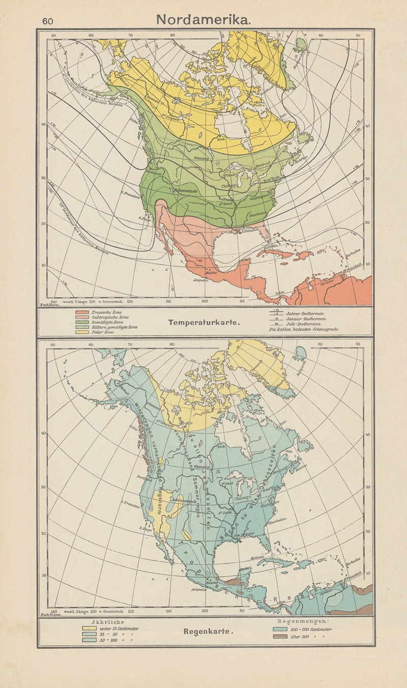 Carl Diercke - Nordamerika; Temperaturkarte. — Regenkarte