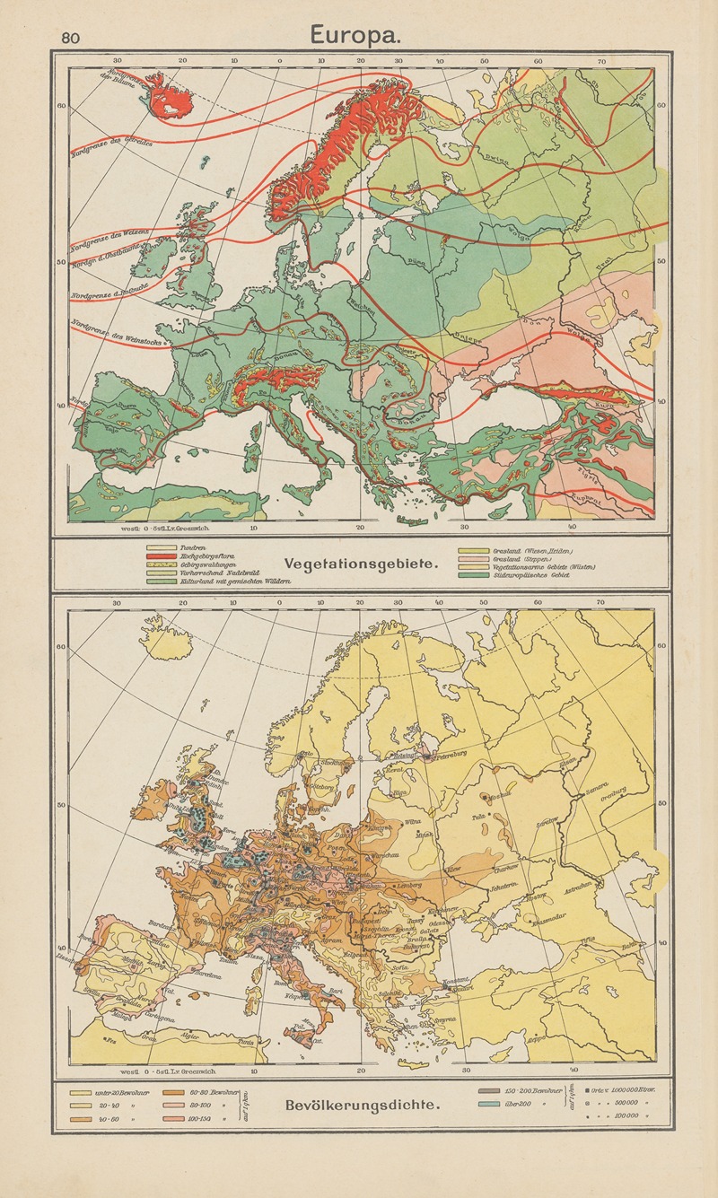 Carl Diercke - Europa; Vegetationsgebiete. — Bevölkerungsdichte