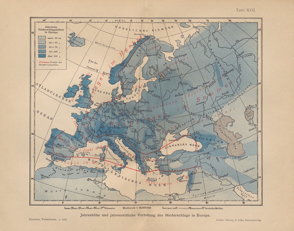 Richard Börnstein - Jahreshöhe und jahreszeitliche Verteilung des Niederschlags in Europa.
