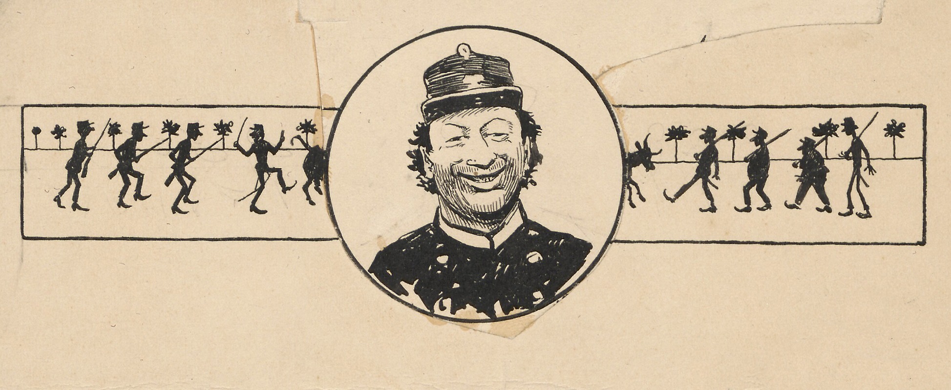 Happy soldier and silhouettes of other soldiers. - Artvee